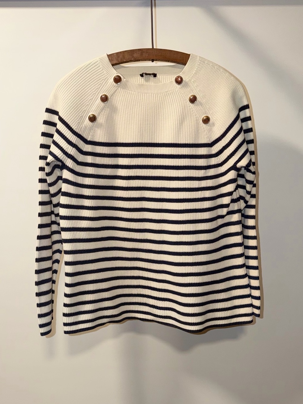 Talbots Cream and Navy Striped Crewneck Sweater with Shoulder Buttons